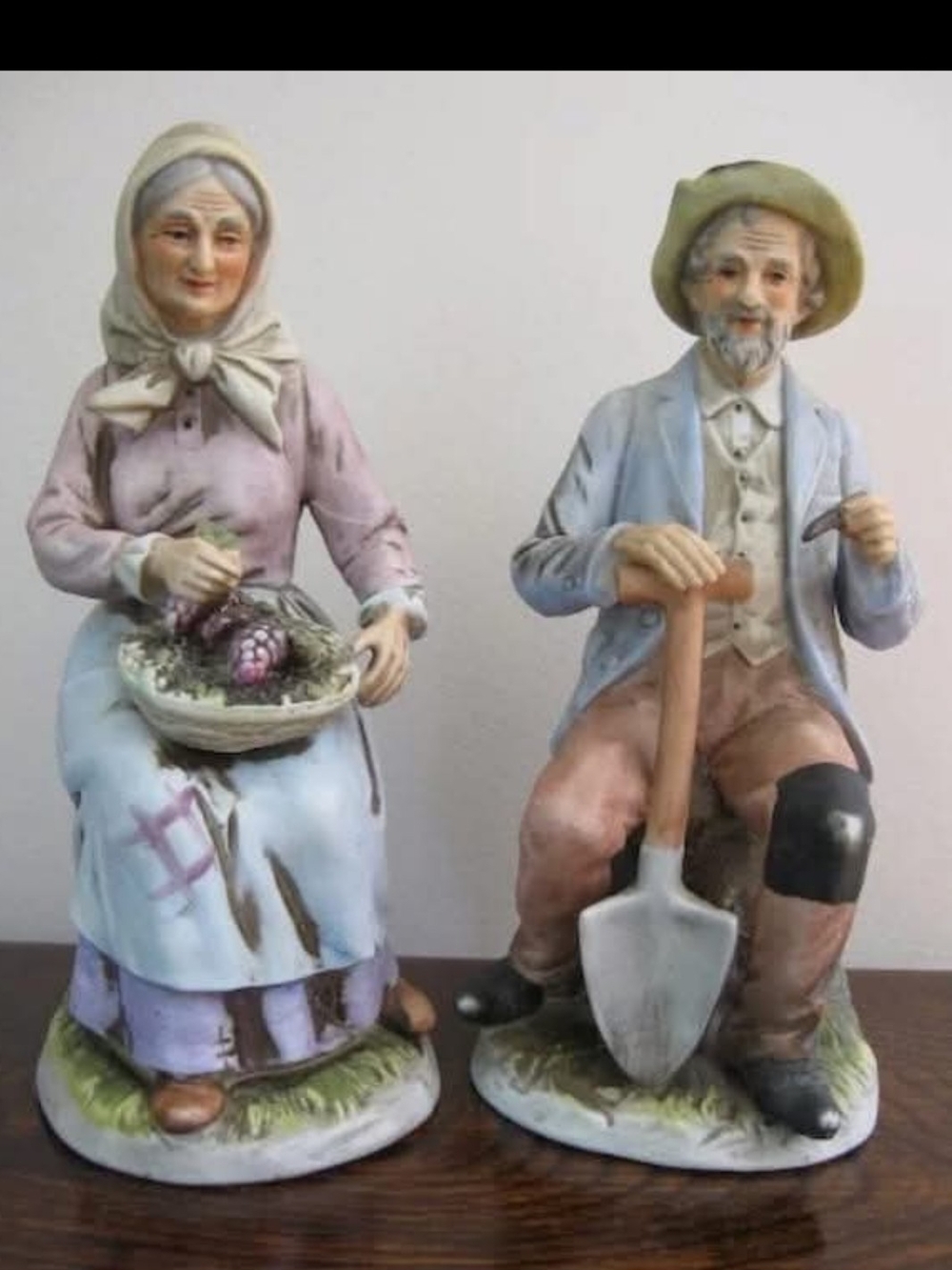 Homco Hand-Painted Elderly Couple Figurines in Pastel Pink, Blue, Cream and Tan